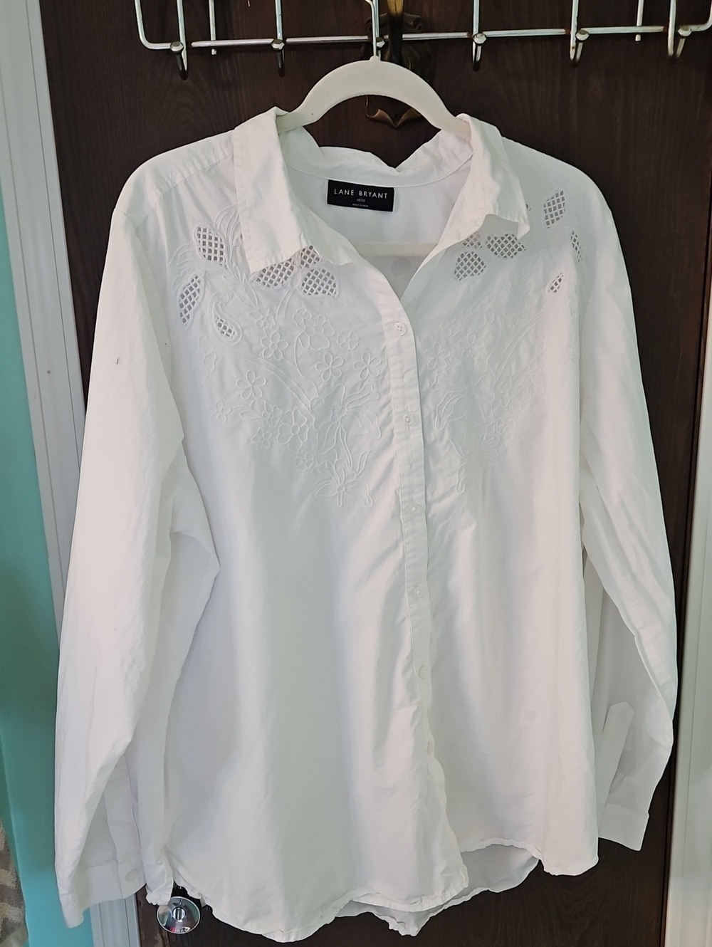 Lane Bryant White Eyelet Embroidered Button-Down Top